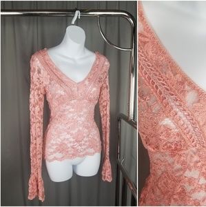 Pink Sheer Lace Long Ruffle Sleeve Top